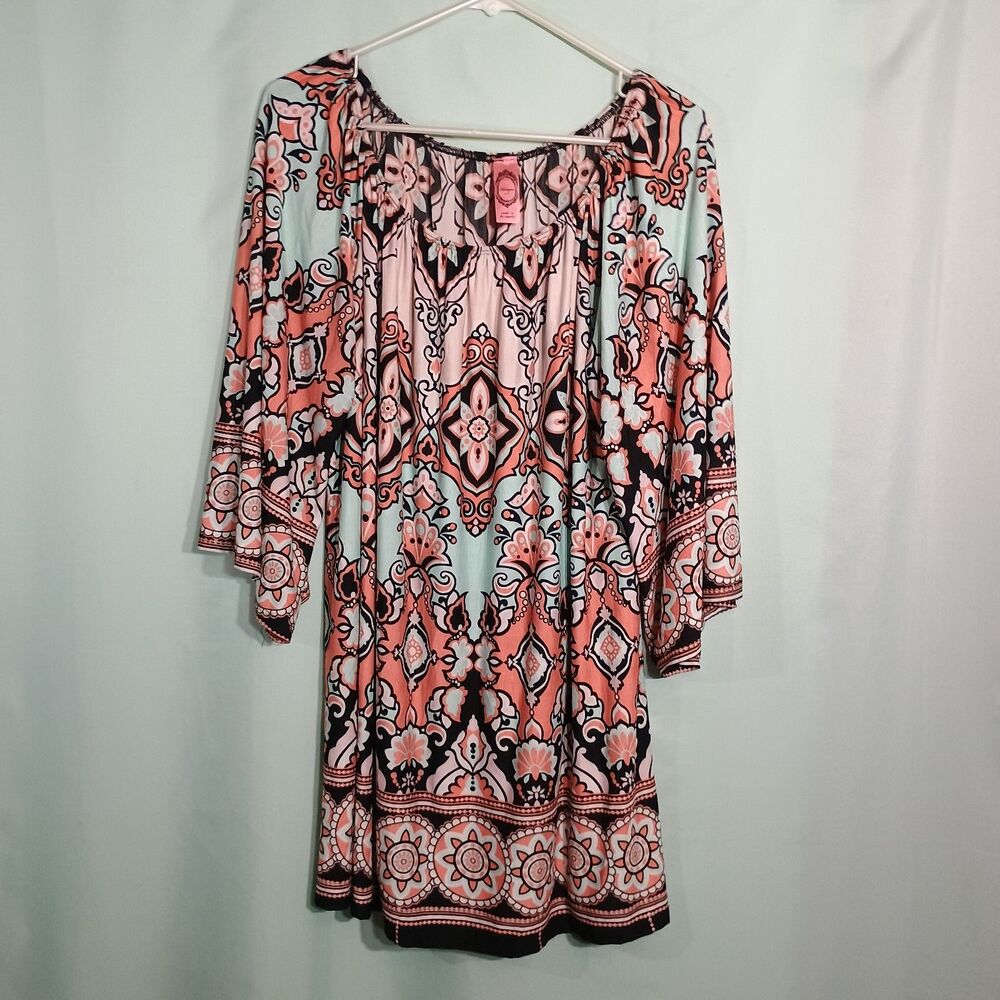 Women’s Coral & Mint Boho Print Tunic Dress – 3/4 Sleeve Shift Dress